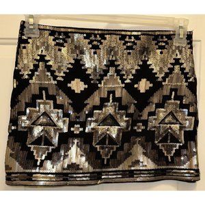 Express  Mini Skirt Black ￼Silver & Gold Metallic Sequins  Aztec Women’s Sz XS